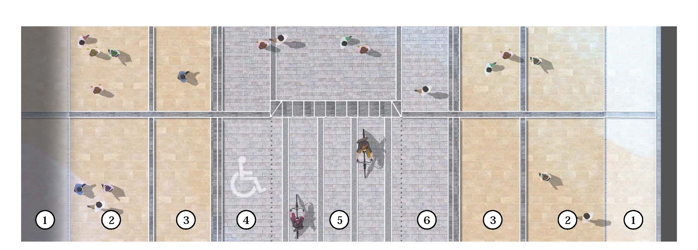 Birds eye view of section of street. Spill out section to the far left and right. Pavement second to the left and right. Flex zone third from left and right. Disabled parking, fourth from left. Cycle street down the centre. Loading/ taxi space, sixth from left.