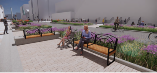 The proposed new seating area highlighting planting and benches.