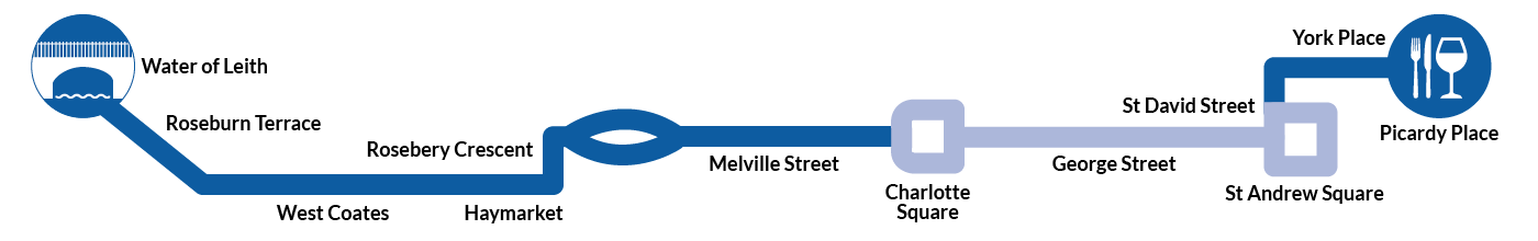 Proposed route of city centre west to east link from Roseburn to Picardy Place