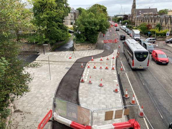 Photo shows the new junction layout at West Coates and Wester Coates Terrace.