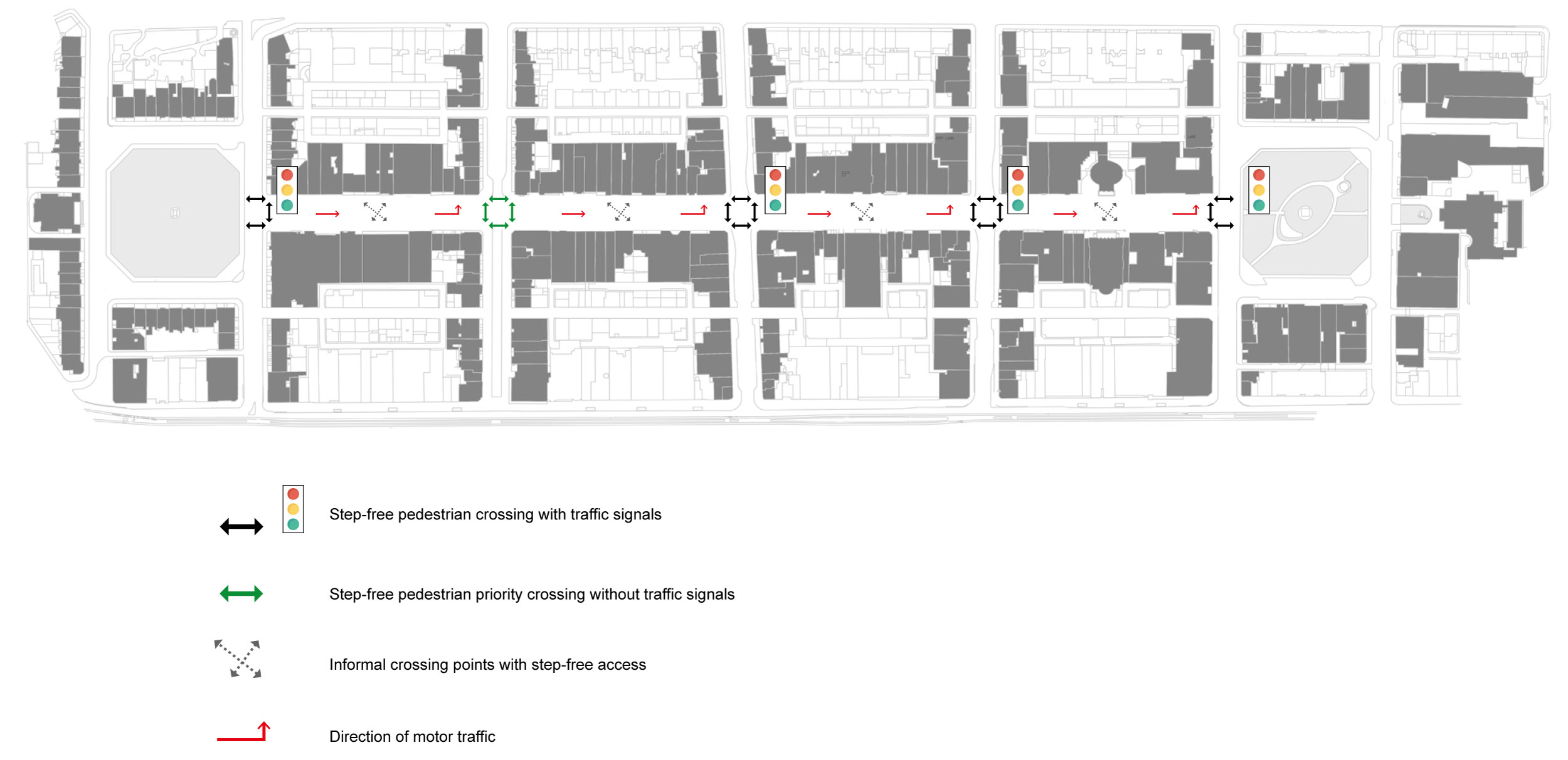 A diagram showing George Street blocks with traffic light signals to showing where crossings are and arrows to show the direction of traffic.