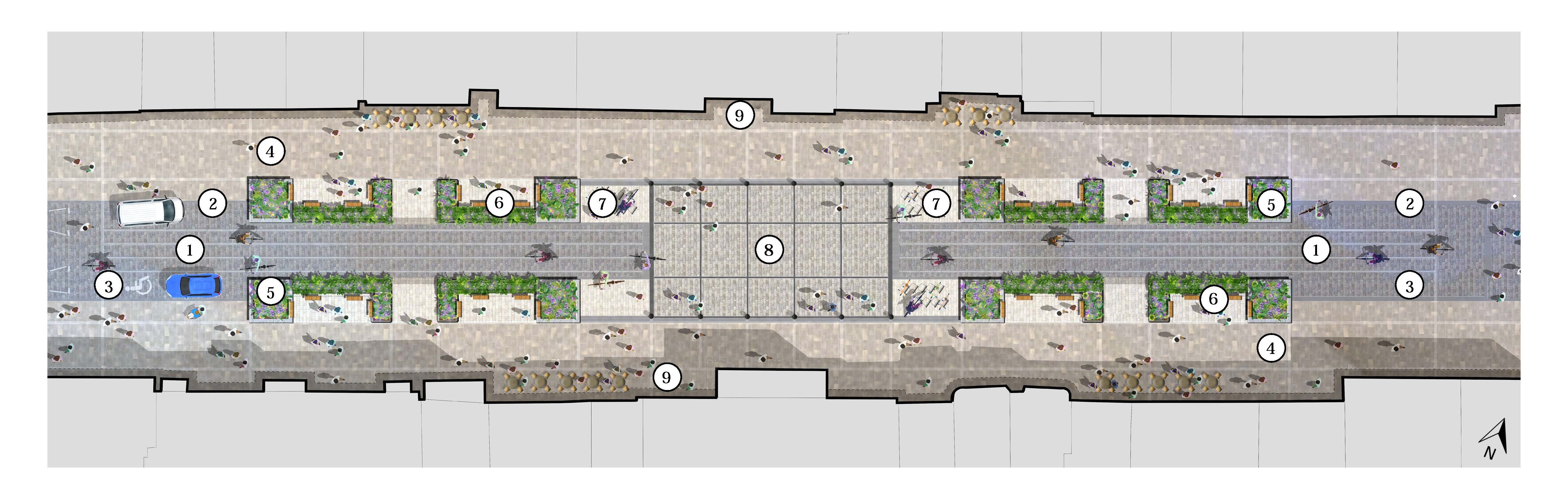 Birds eye view of entire site. 1. cycle street
2. Loading area / taxi rank
3. disabled parking area
4. pavement
5. planting
6. seating
7. cycle parking area
8. Central square
9. spill-out zone