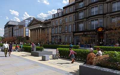 View of the Dome on George Street with landscaped seating areas outside