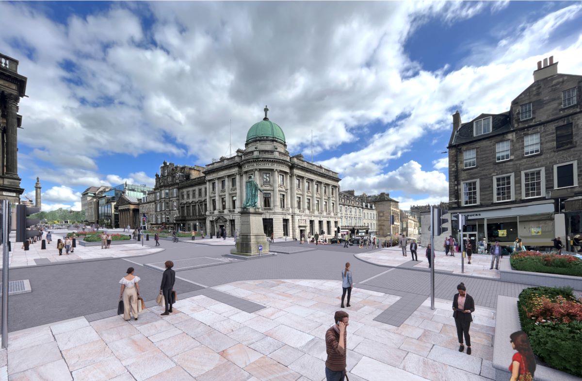 a computer generated image of the George Street and Hanover Street junction with pavement, road, buildings and statue in the background and people crossing using the larger crossing islands.