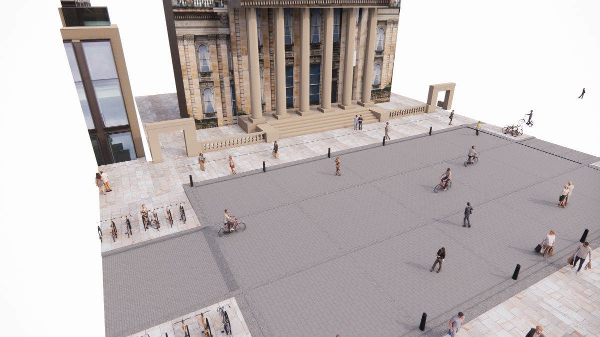 A computer image shows dark shading for the central spaces whinstone that is proposed. With buildings in the background and people walking around.