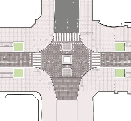 A diagram showing the layout of the George Street and Castle Street junction with the proposed zebra crossings, cycling direction and statue in the middle