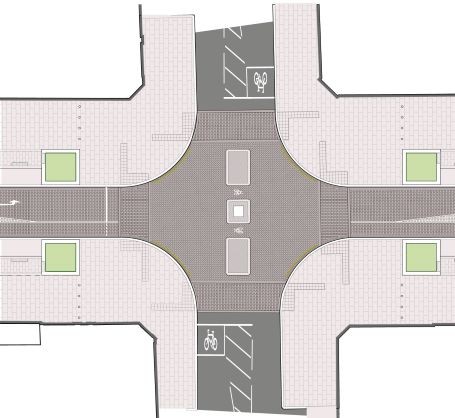 A diagram showing the layout of the George Street and Frederick Street junction with the proposed crossings, cycling direction and statue in the middle