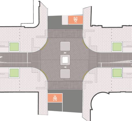 diagram of George Street and Hanover Street junction with shaded areas showing proposed layout with cycle waiting, pedestrian crossings and the statue in the middle