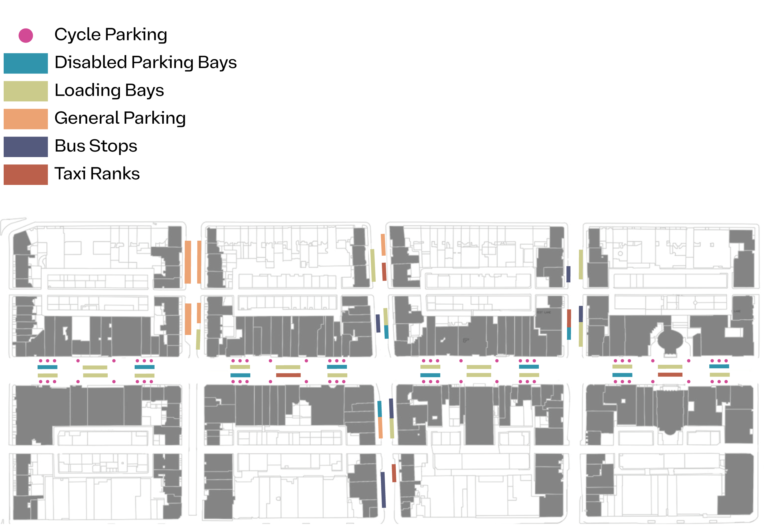 a diagram showing the layout of George Street with colour coding showing cycle parking, disabled parking bays, bus stops, taxi ranks and loading bays.