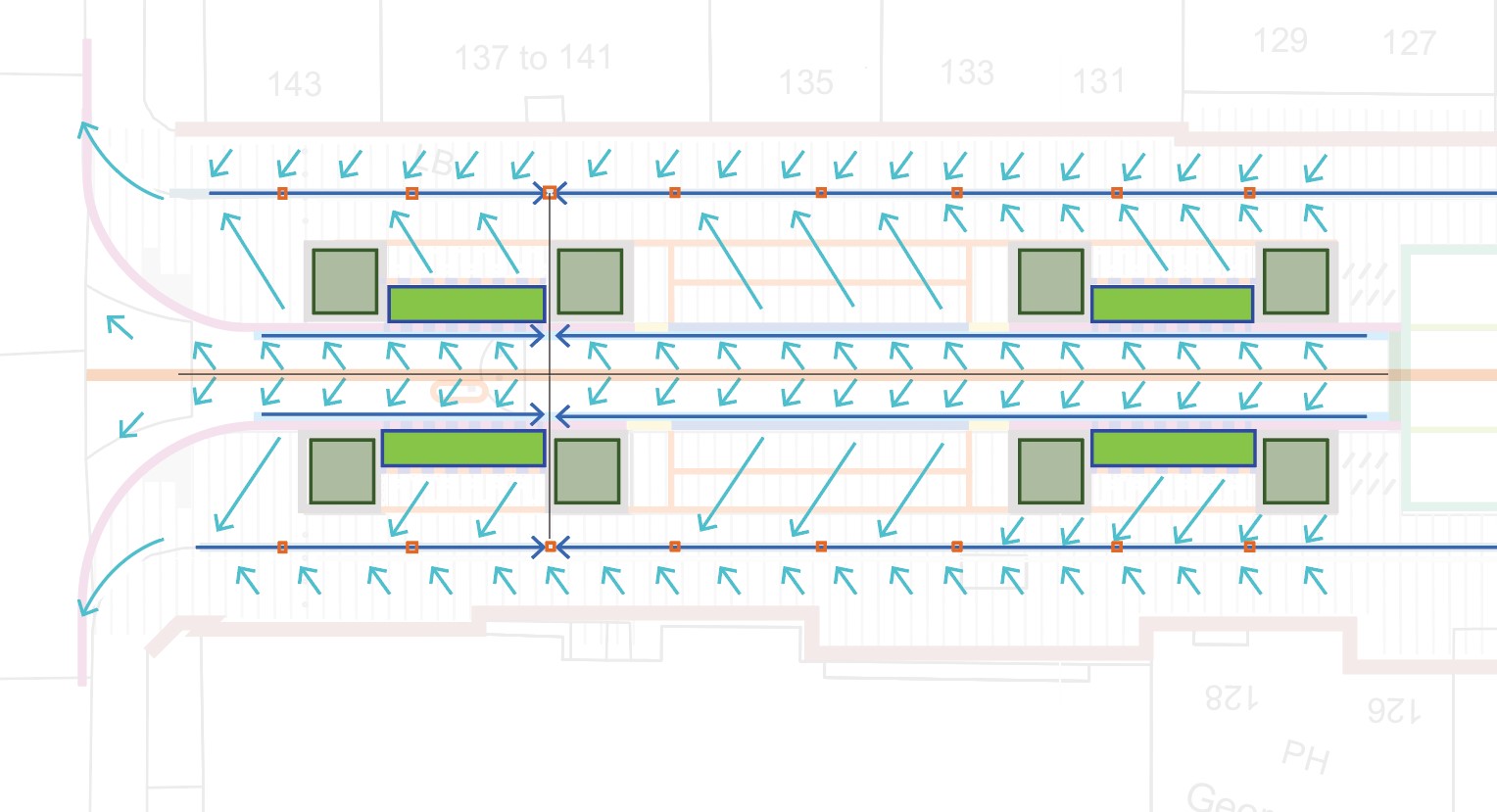 A diagram of George Street with blue arrows showing the different directions water will flow from the street into the drainage system