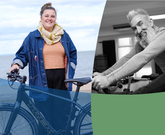 Employee standing with a bike and another on a spin bike.