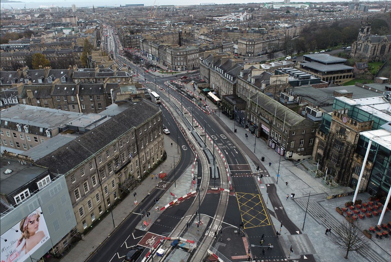 Aerial view of Picardy Place, partially showing tram stop and the Playhouse