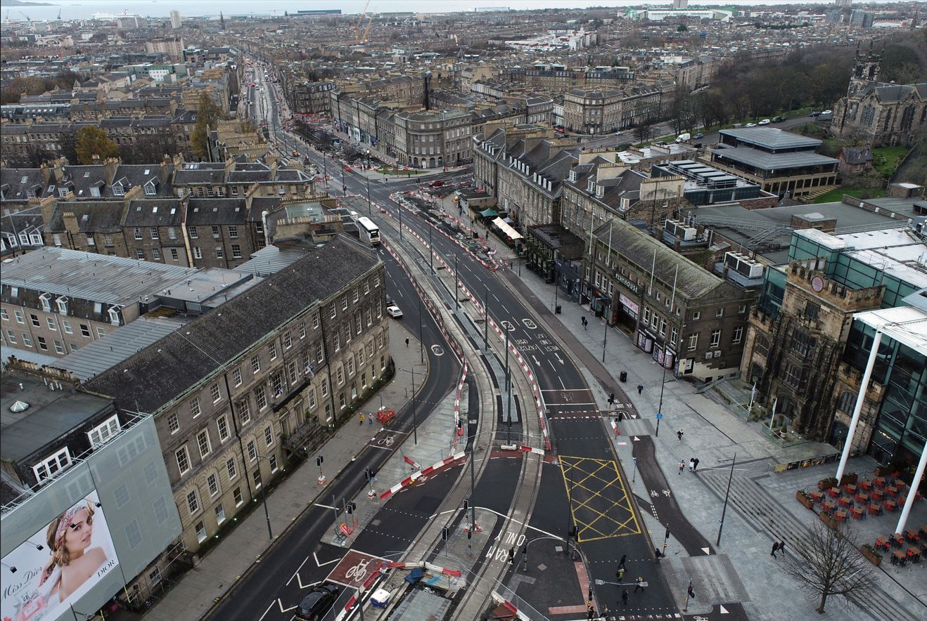 Aerial photo of Picardy Place with part of the tram stop and the playhouse showing