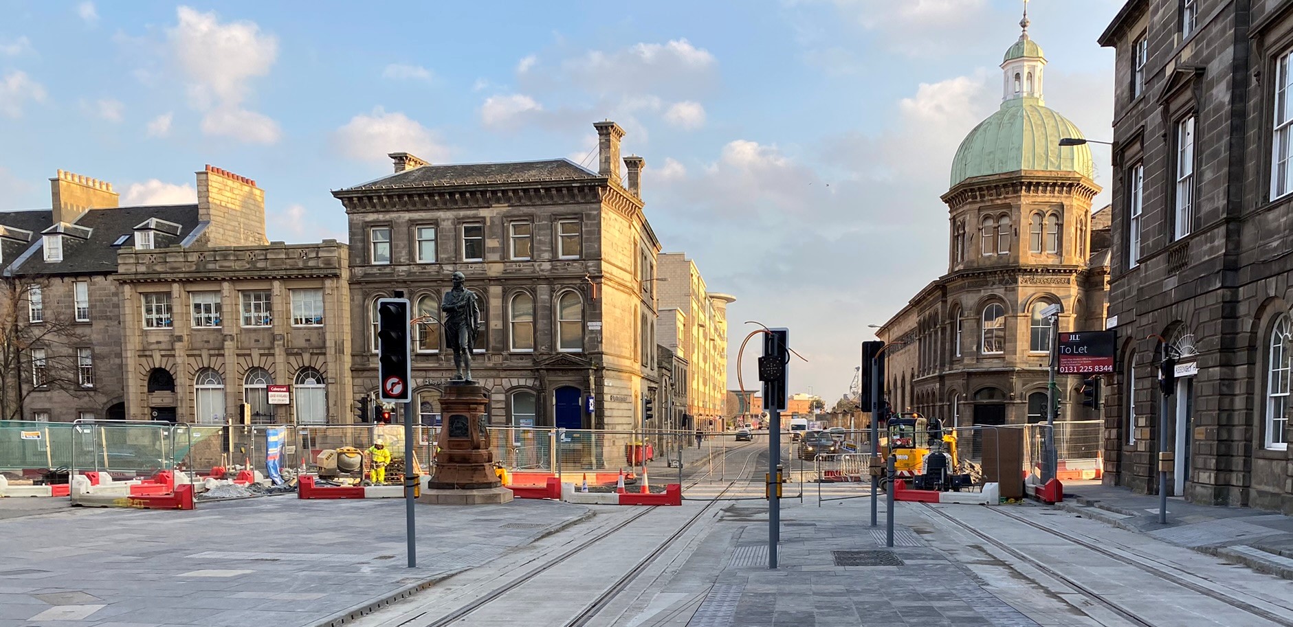 View of the Constitution Street / Bernard Street junction with the Robert Burns statue