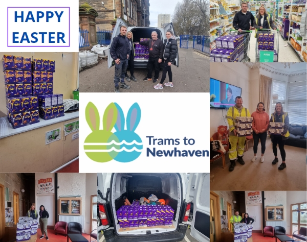 Photo collage of TTN staff donating Easter eggs to organisations. A Happy Easter message is printed on the top left