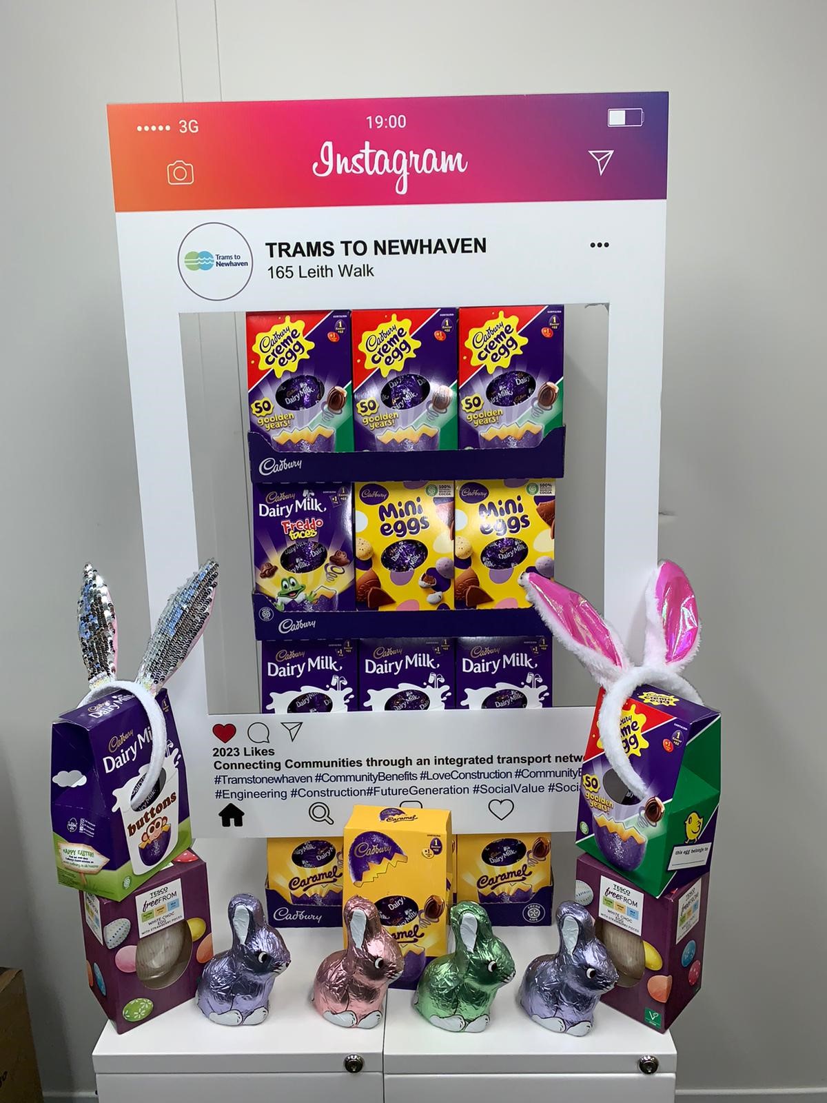 Easter eggs stacked up at Trams to Newhaven project office.