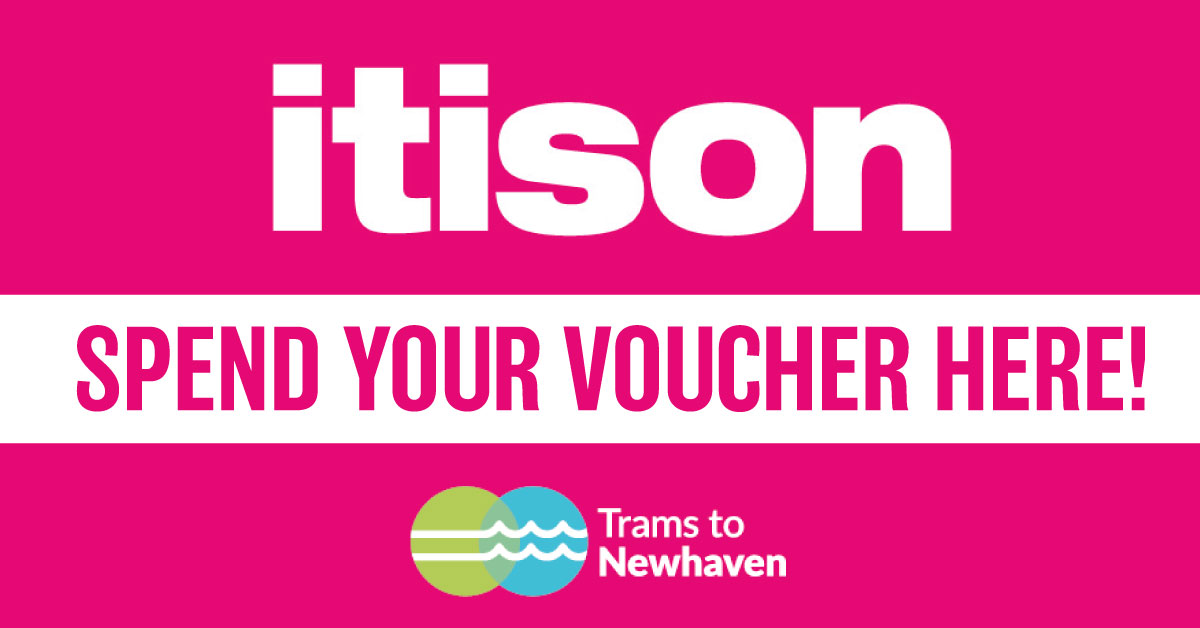 Pink itison logo with the words 'Spend your voucher here' and Trams to Newhaven logo underneath it