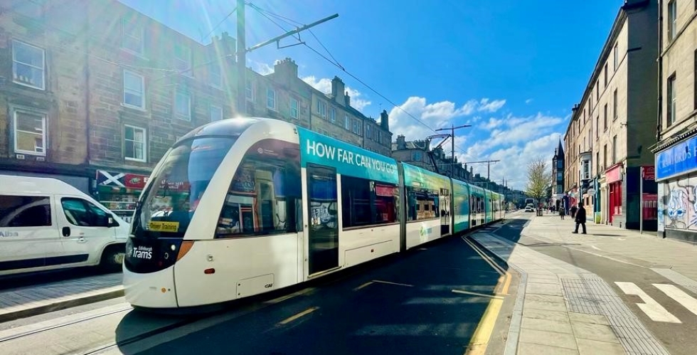 Tram driving on Leith Walk.