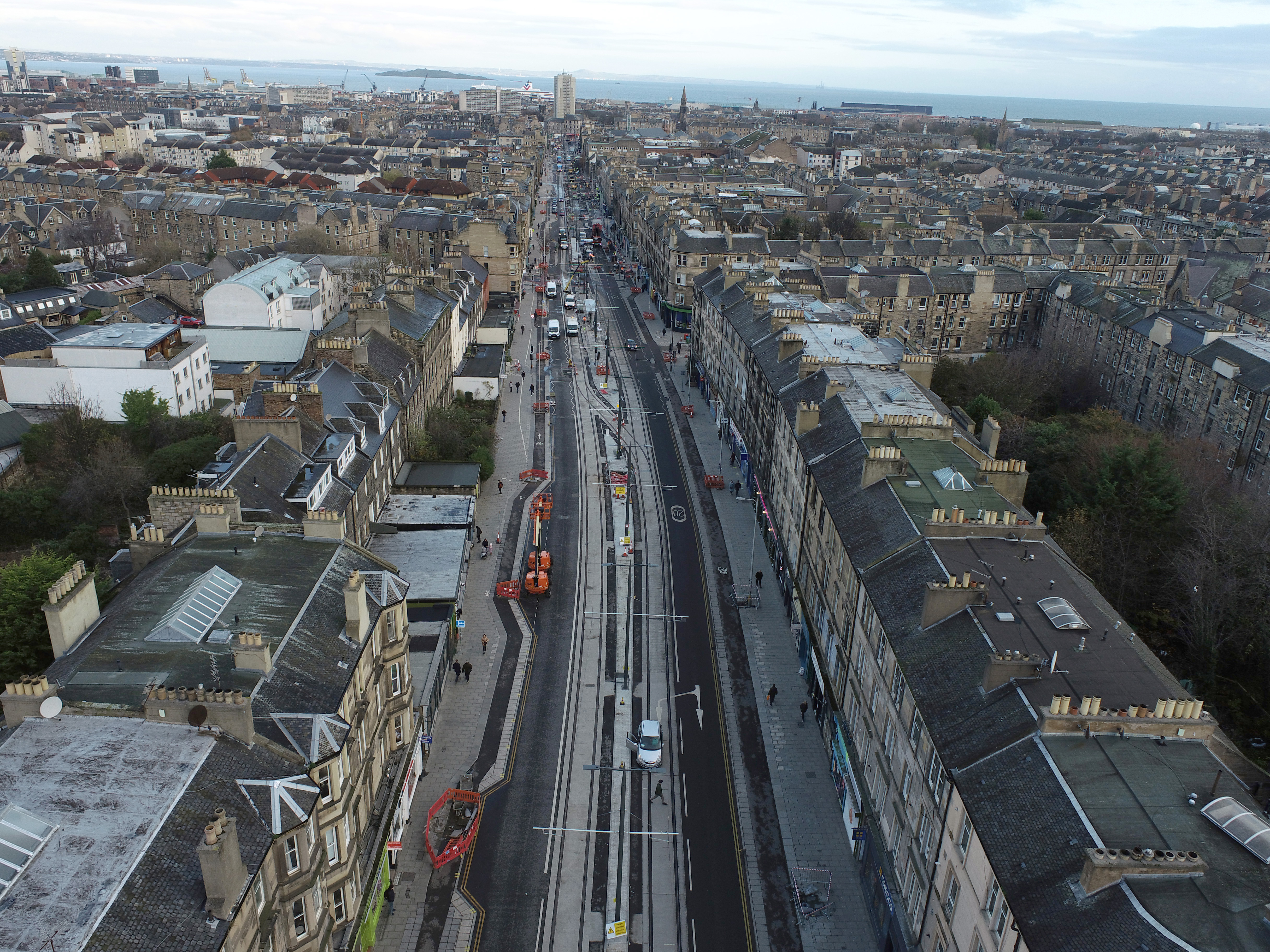 Aerial view of a section of Leith Walk with the sea in the distance