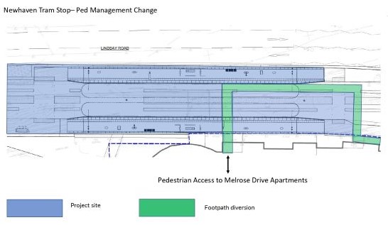 Map of the pedestrian diversion at Newhaven tram stop, Lindsay Road