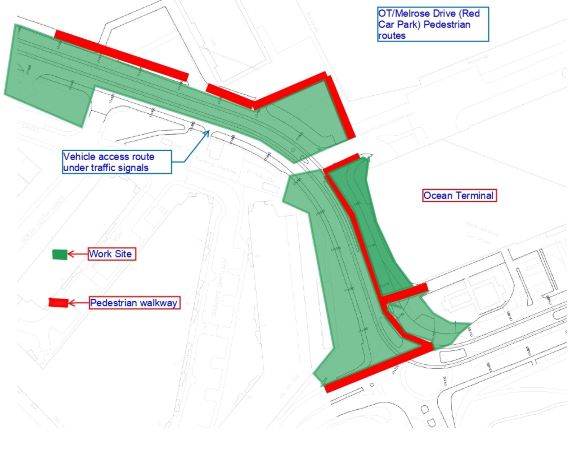 Map of pedestrian diversion at Ocean Terminal and Melrose Drive