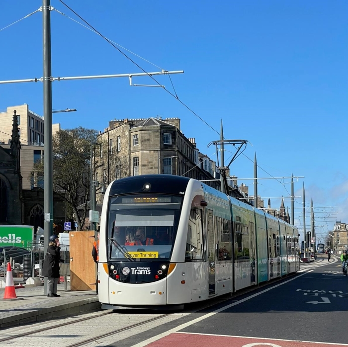 Photo of a tram at Picardy Place tram stop during testing.