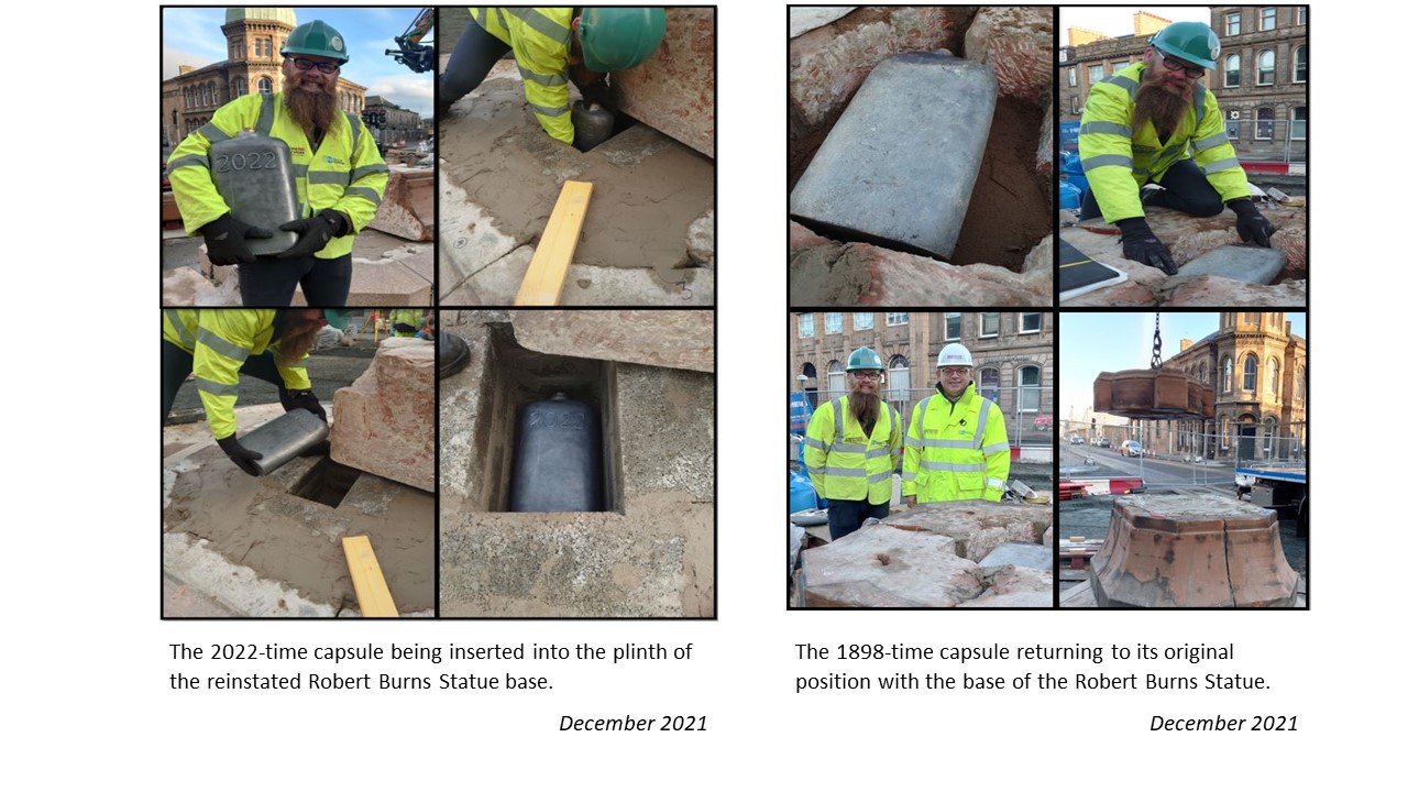 Photo collage of the reinstatement of the 1898 time capsule inside the base of the Robert Burns statue, as well as the insertion of the 2022 capsule.