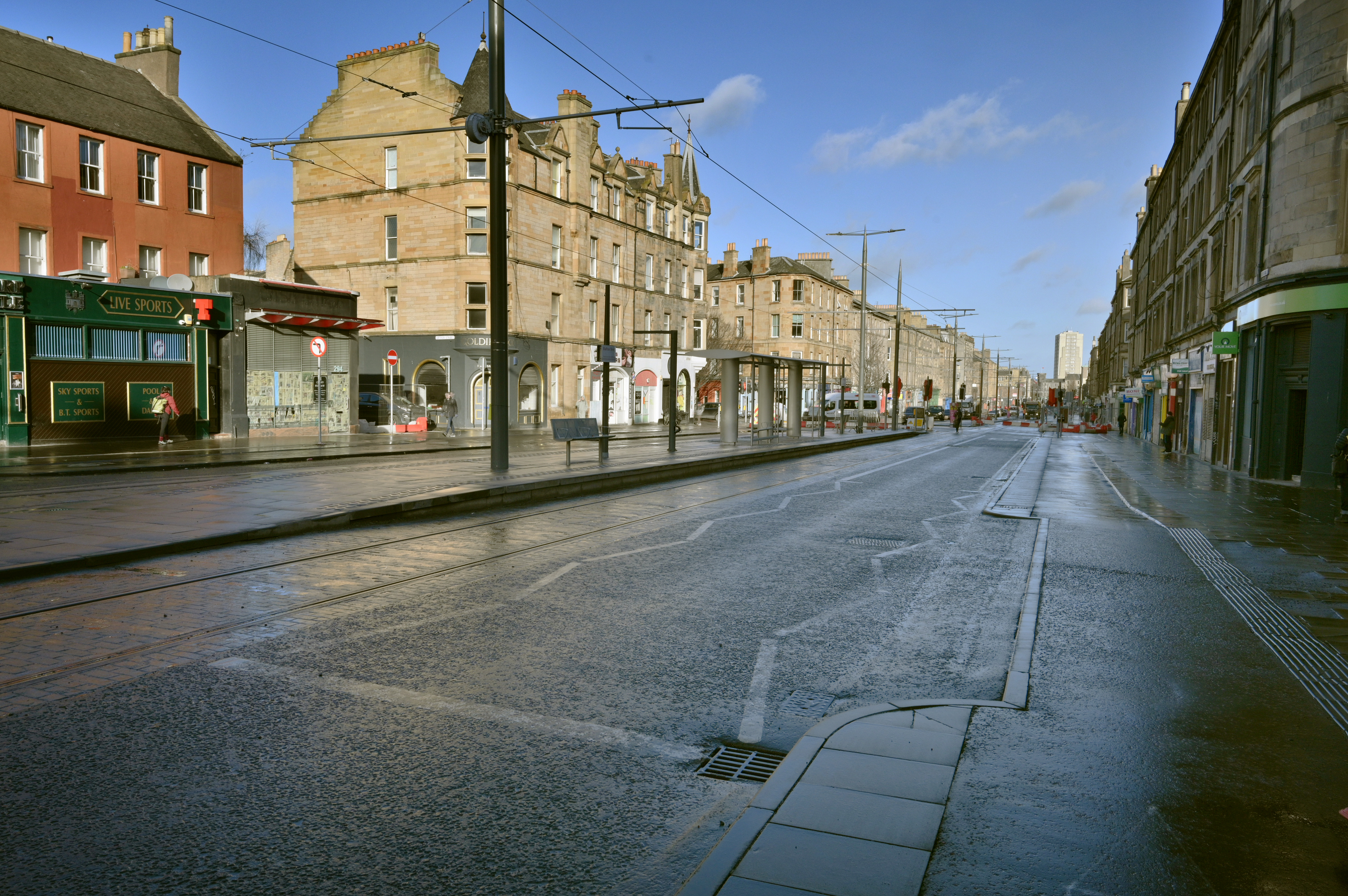 Photo of the Leith Walk/Dalmeny Street junction with the Balfour Street tram stop