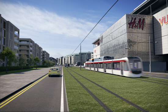 An artist impression of an Edinburgh tram running down Ocean Drive outside H&M in Ocean Terminal.