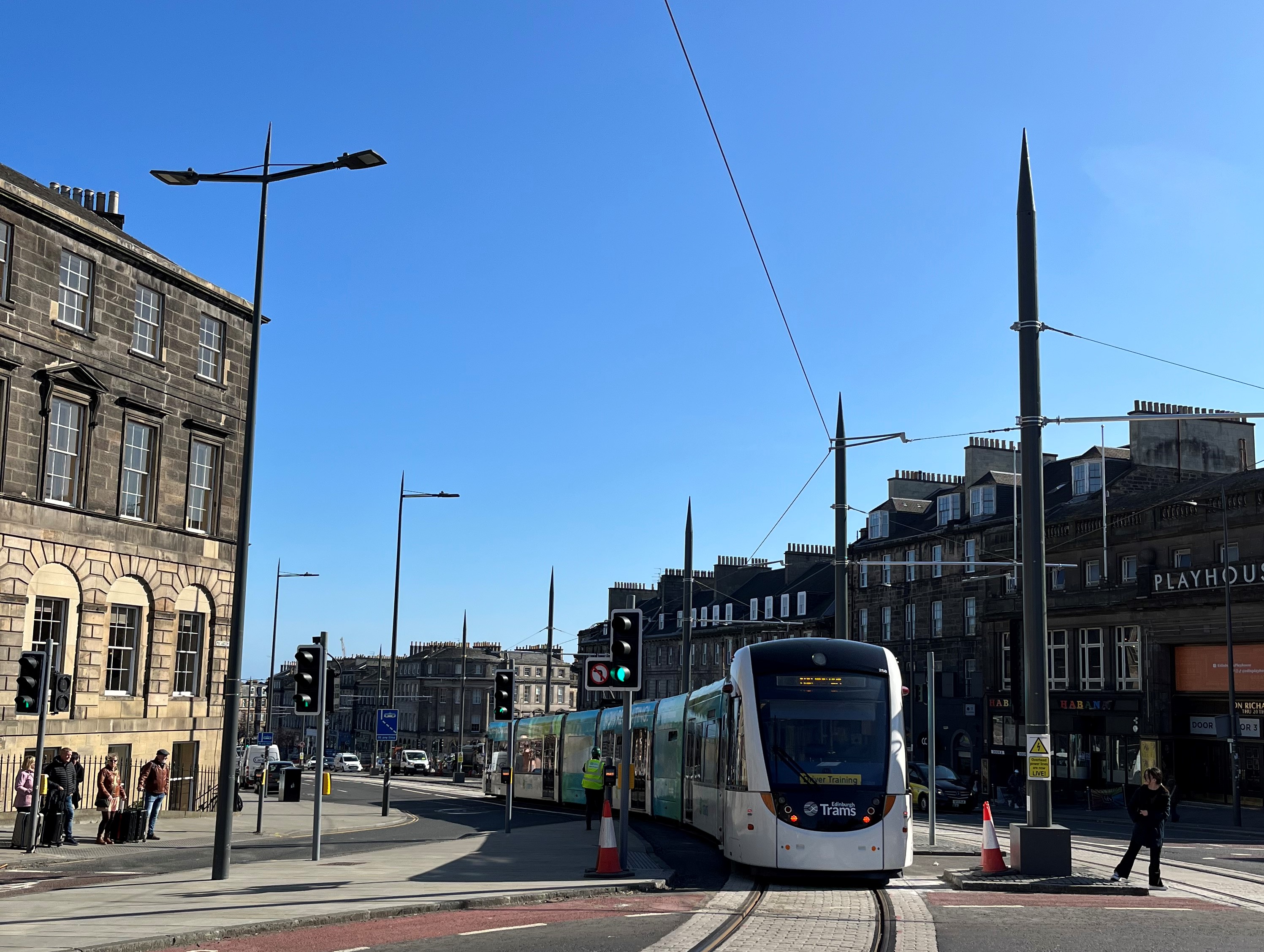 Photo of a tram heading towards Leith Walk from Picardy Place. The Playhouse can be seen on the right