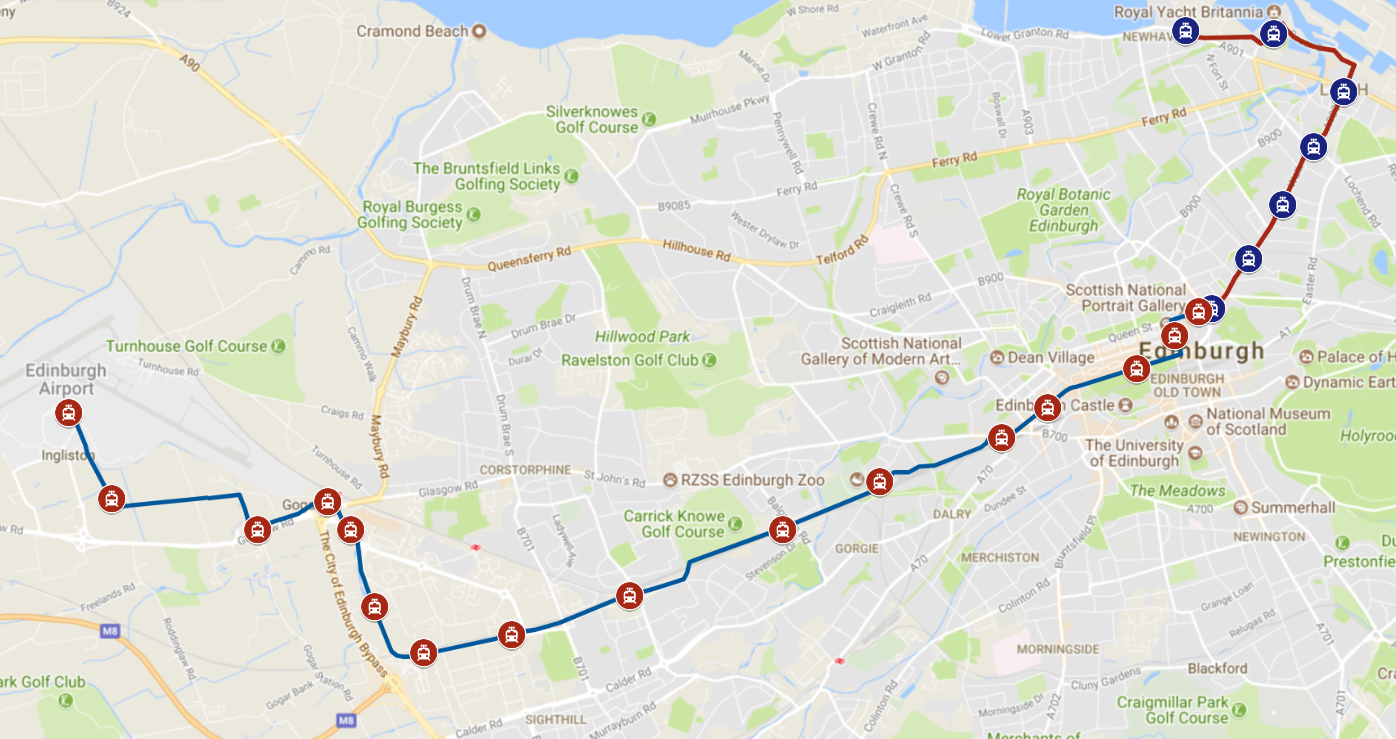 Map showing full route of Edinburgh trams