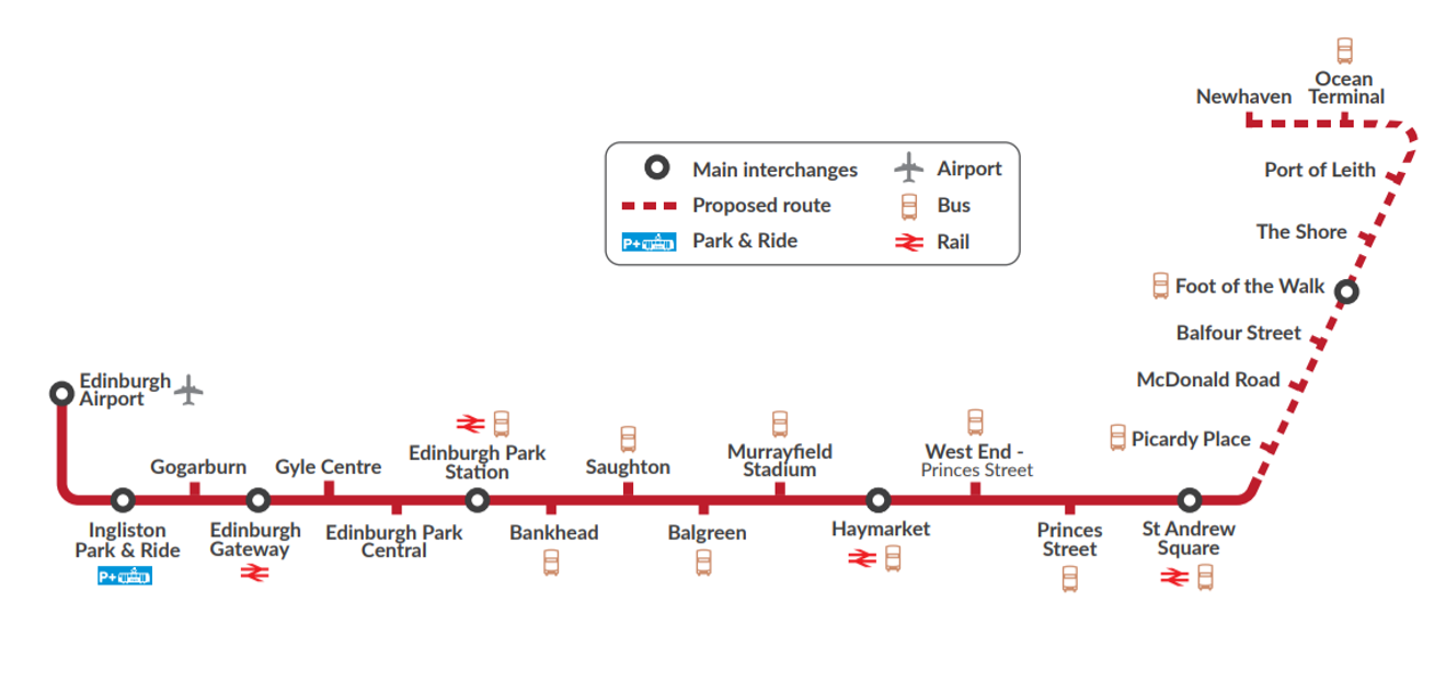 Map showing tram route with stops at Picardy Place, McDonald Road, Balfour Street, Foot of the Walk, The Shore, Port of Leith, Ocean Terminal and Newhaven