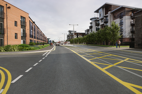 Artist impression of Stevedore Place post construction with new landscaping and tram.