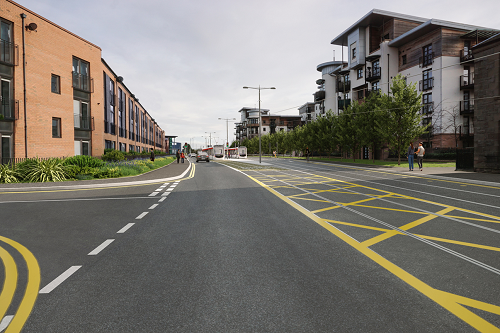 Artist impression of Stevedore Place post construction with new landscaping and tram. 