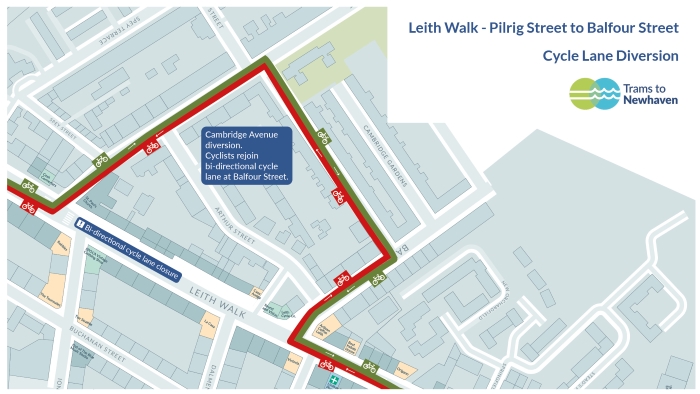 Diversion for cyclists between Pilrig Street and Balfour Street.