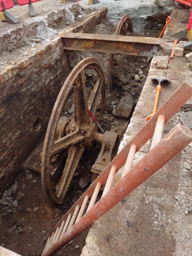 Photo of one of the Pilrig wheels when it was unearthed during excavations